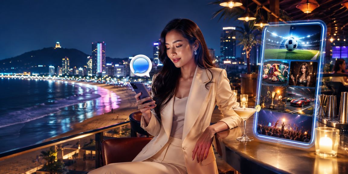 Người dùng trải nghiệm casino di động trên bãi biển Vũng Tàu với điện thoại thông minh